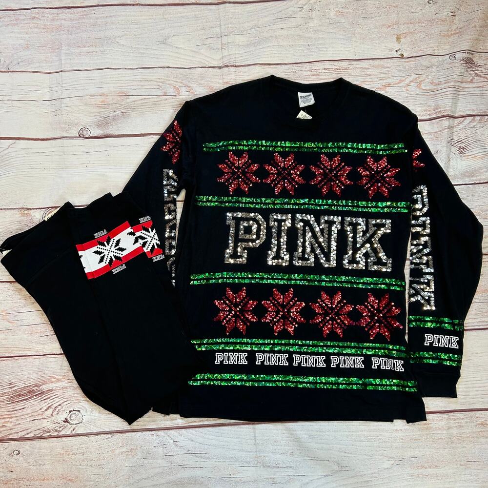VS PINK Retired Bling Christmas Campus Tee & Leggings M